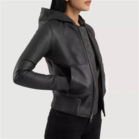 Luna Black Hooded Leather Bomber Jacket – XEBOI