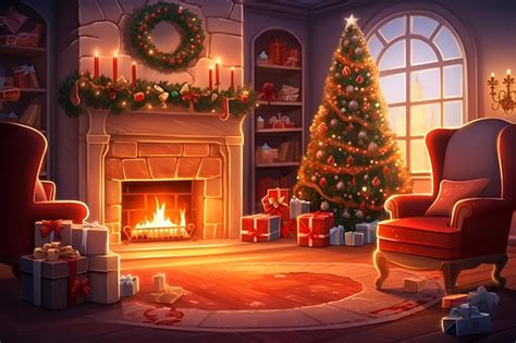 Premium AI Image | A christmas scene with a fireplace and a christmas ...