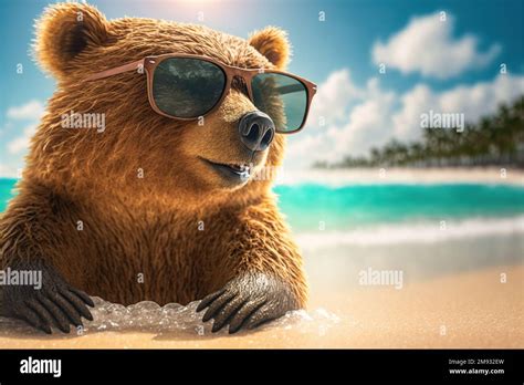 Adorable Little bear in sunglasses on the beach, cute, funny Stock ...