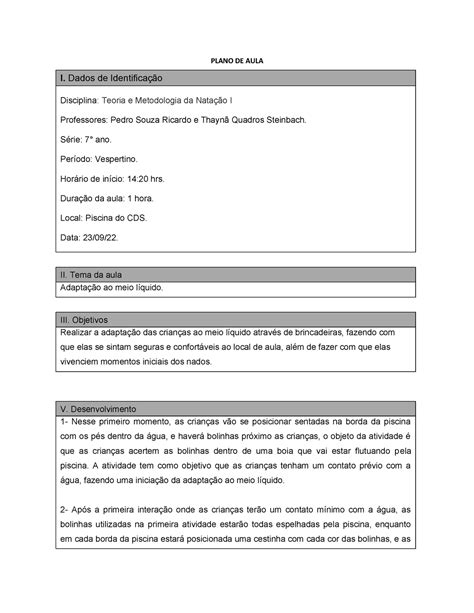 Plano de aula natação - PLANO DE AULA I. Dados de IdentificaÁ„o ...