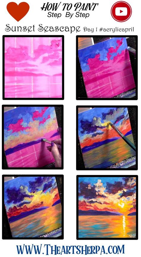 Easy Sunset On Ocean Loose Step By Step Acrylic April Day #1 | The Art Sherpa | Canvas painting ...