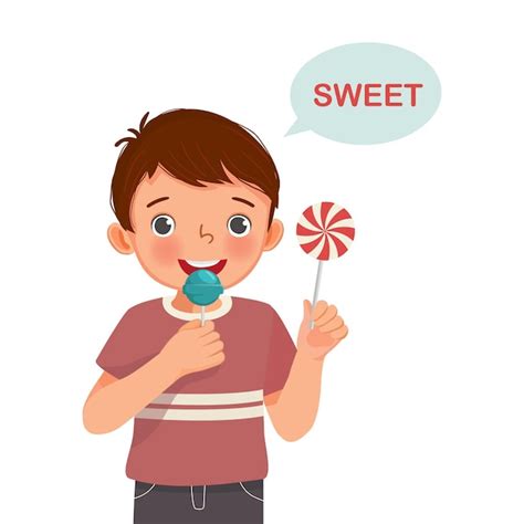 Premium Vector | Cute little boy holding lollipop candy showing sweet taste of tongue five senses