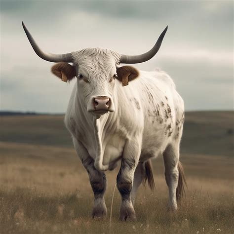 Premium Photo | A white cow with horns is standing in a field.