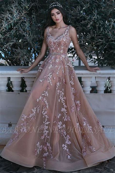 Romantic V-neck Sleeveless Champagne Pink Prom Dresses Appliques | Sparkle Beads Sequins Evening ...