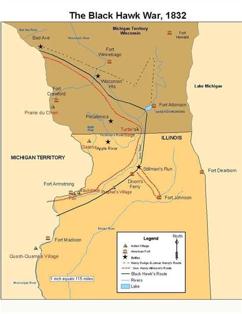 Route of the Black Hawk "War" culminating in the Massacre at the Bad ...