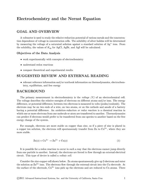 Fillable Online Electrochemistry and the Nernst Equation Fax Email Print - pdfFiller