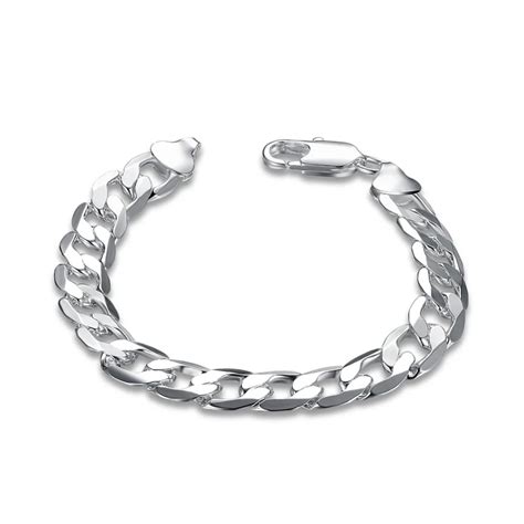 H262 925 Sterling Silver Bracelets for women 10mm wide flat link chains ...