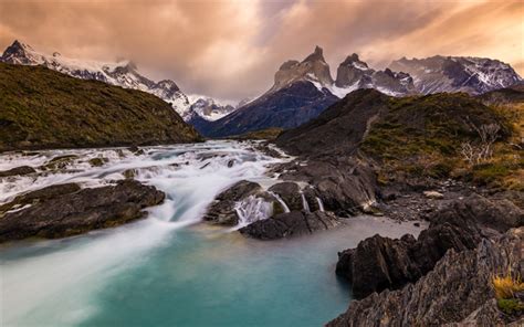 Download wallpapers Andes, mountains, sunset, mountain river, Chile ...