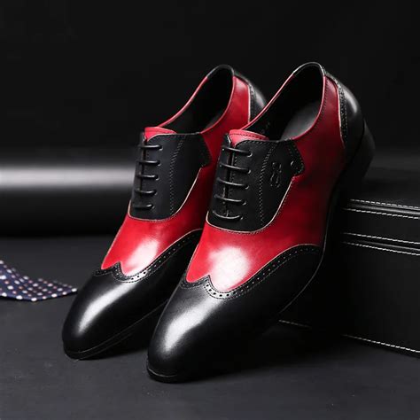 Black Red Patchwork Genuine Leather Formal Dress Shoes Men Casual Office Male Shoes Lace Up ...