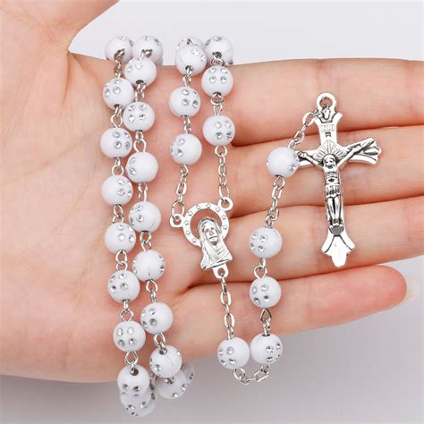 NingXiang White Rosary Beads Religious Catholic Rosary Necklace Five Decade Rosary Prayer Jesus ...