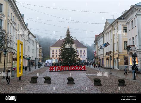 Town Hall, town square, #TARTU2024 sign and community Christmas Tree in ...