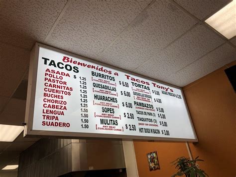 Menu at Tony's Tacos restaurant, Azusa