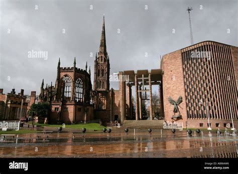 Coventry Cathedral, also known as St. Michael's Cathedral old ruins and new church side by side ...