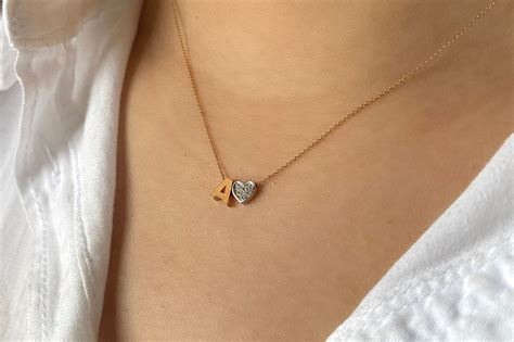 Diamond Initial and Heart Necklace 14k Gold Minimalist Letter - Etsy
