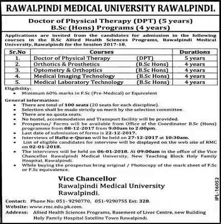 Rawalpindi Medical University DPT & B.Sc. Admission 2018 - StudyPK