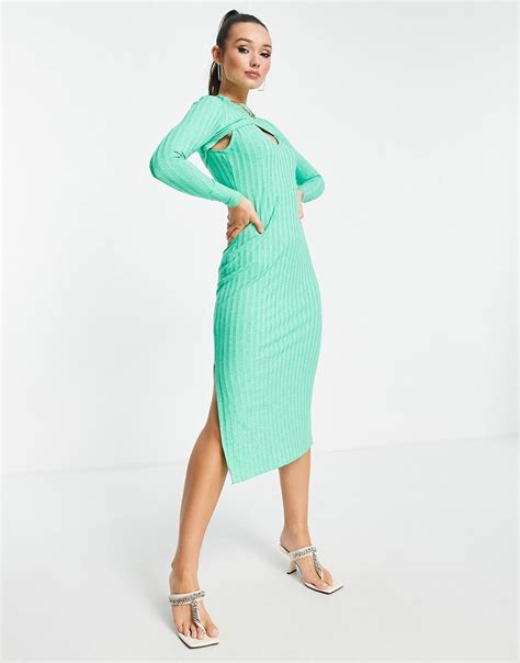 River Island Cut Out Ribbed Jersey Midi Dress In Green | ModeSens