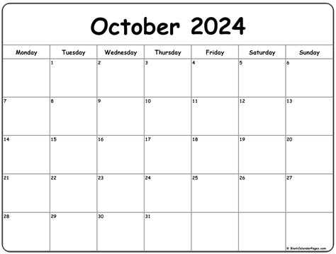 October 2024 Monday Calendar | Monday to Sunday