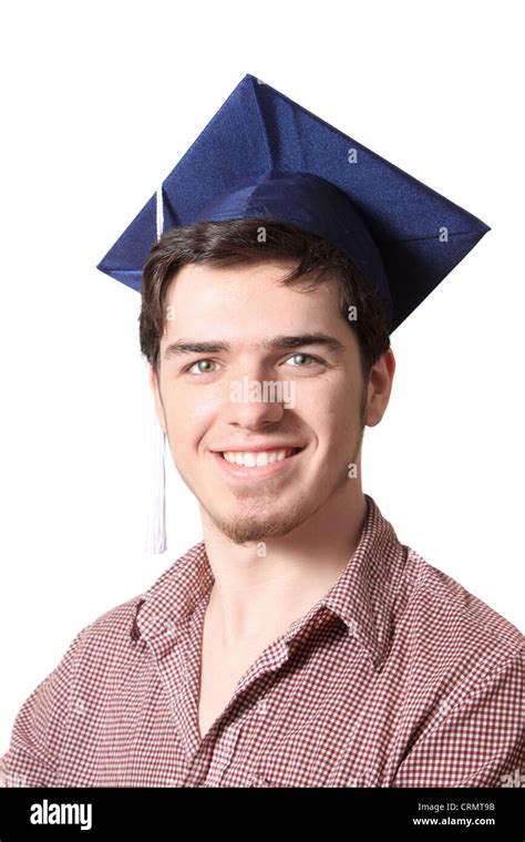 High school male graduate wearing a blue graduation cap on a white background Stock Photo - Alamy