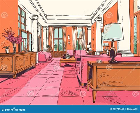 A Drawing of a Room with Furniture and a Lamp - Vintage Hotel Interior ...