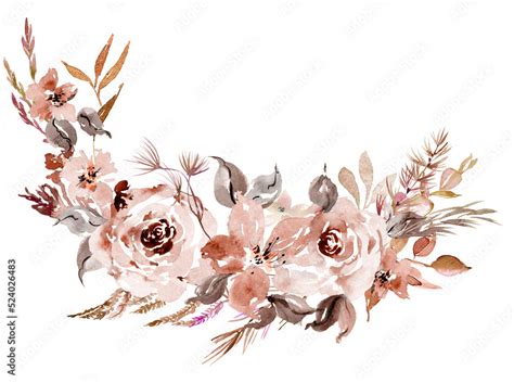 Watercolor boho flowers, brown and pink floral bouquets, Dusty pink clipart for wedding ...