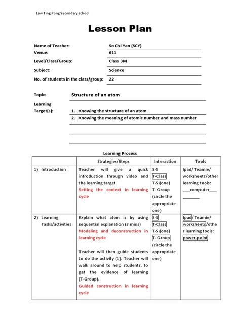 Atomic Structure Lesson Plan | PDF | Atoms | Lesson Plan