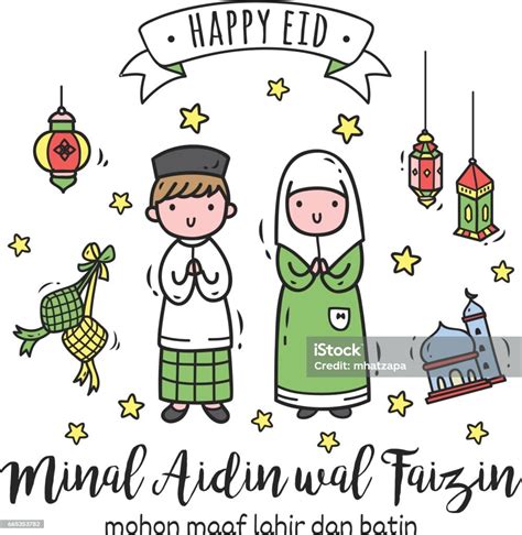 Eid Mubarak Or Idul Fitri Greeting Card In Cartoon Doodle Style Stock Vector Art & More Images ...