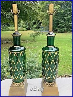 Pair Vintage Hollywood Regency Mid Century Green Gold Painted Glass Table Lamps | Vintage Table Lamp