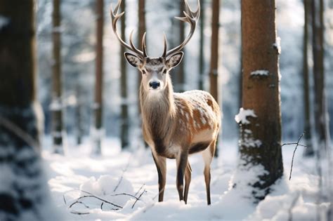 Premium AI Image | a deer standing in the snow in a forest