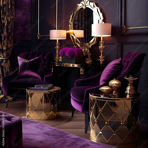 Interior design of a living room with deep purple walls and metallic ...