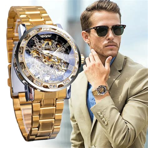 LUXURY MENS STAINLESS Steel Gold Tone Skeleton Automatic Mechanical Wrist Watch EUR 21,77 ...