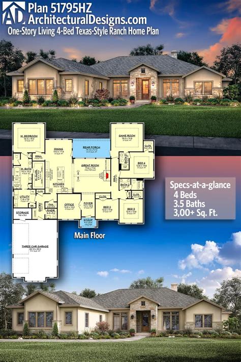 Plan 51795HZ: One-Story Living 4-Bed Texas-Style Ranch Home Plan | Ranch house plans, Dream ...