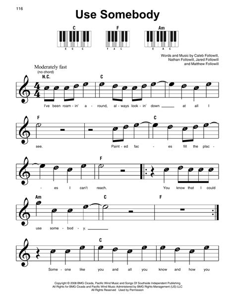 Use Somebody by Kings Of Leon Sheet Music for Super Easy Piano at Sheet ...