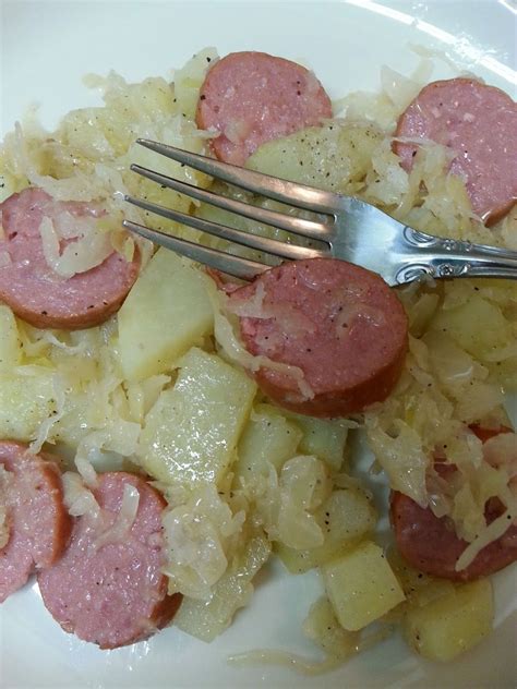 smoked sausage casserole with sauerkraut and potatoes