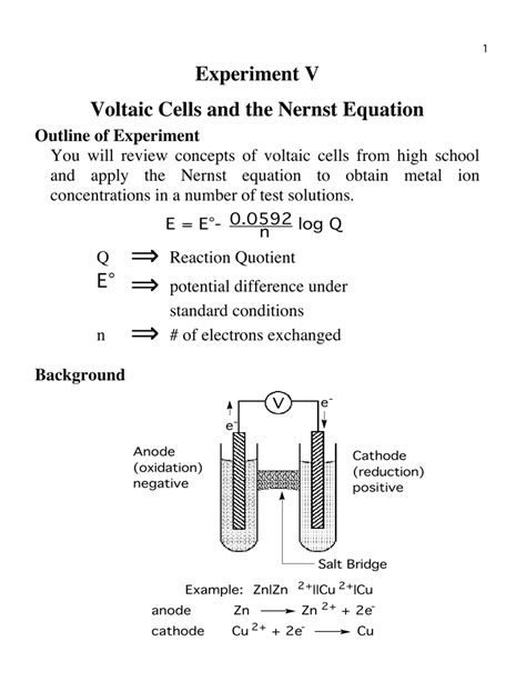 Experiment V Voltaic Cells and the Nernst Equation