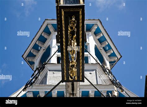 A view from below the Guildhall Clock in Guildford High Street ...