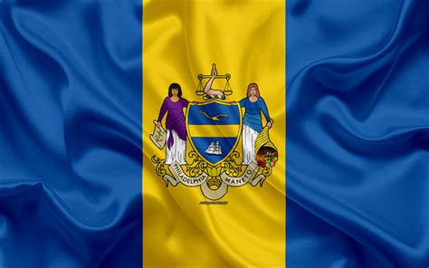 Download wallpapers Flag of Philadelphia, 4k, silk texture, American city, blue yellow silk flag ...