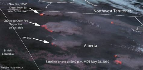 Satellite photo showing the three major fires active in Northern Alberta - Wildfire Today