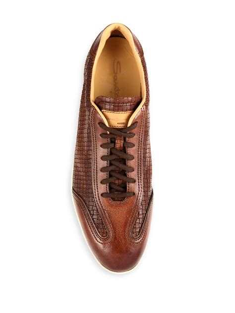 Lyst - Santoni Textured Leather Low-top Sneakers in Brown for Men