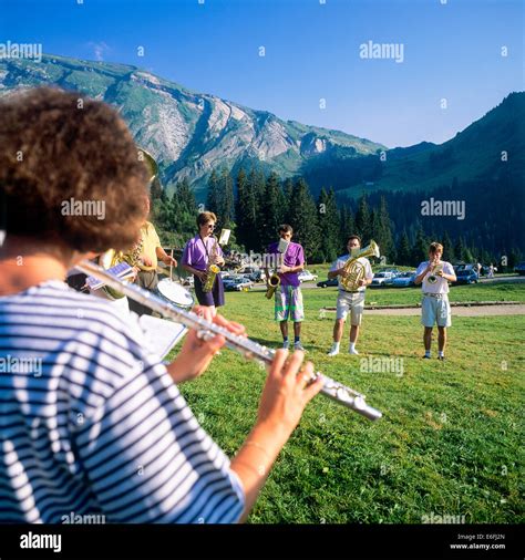 Brass band, bassoon, flautist musicians, outdoor concert, Morzine resort, Haute-Savoie, Savoy ...