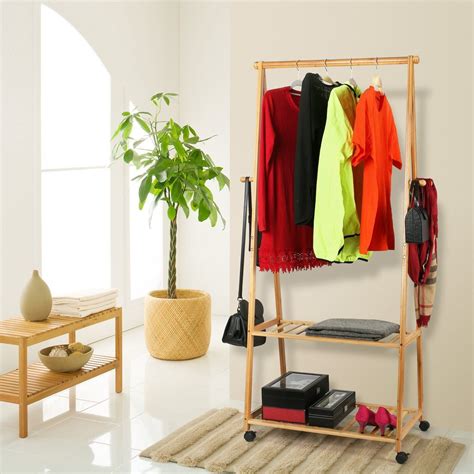 Ktaxon Bamboo Garment Rack w/ 4 Coat Hooks 2-tier Shoe Clothes Storage Shelves, Natural