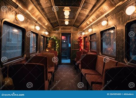 Interior of the Empty Polar Express Train Car with Festive Decorations Stock Illustration ...