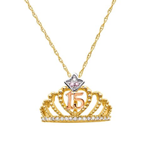 10k Gold Tri-Color Quinceañera Crown Pendant Necklace