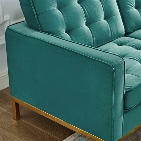 Modern Loveseat In Teal Velvet & Gold Finish - AptDeco