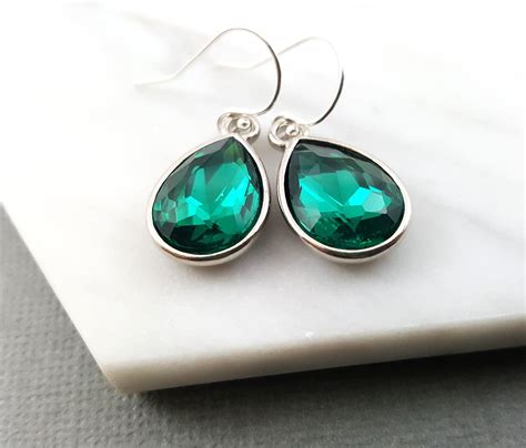 May Birthstone Earrings - Emerald Crystal Sterling Silver Teardrop Earrings - Gift for Her ...