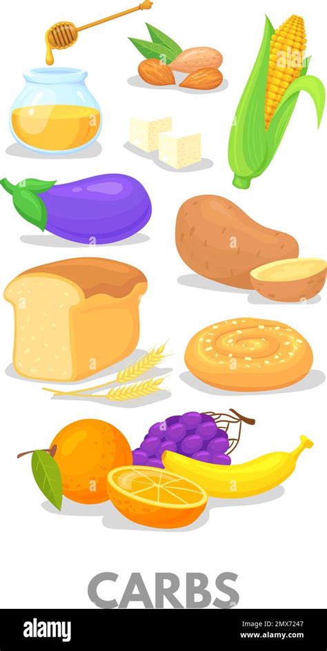 Carbs chart. Cartoon food macronutrients. Healthy nutrition isolated on ...