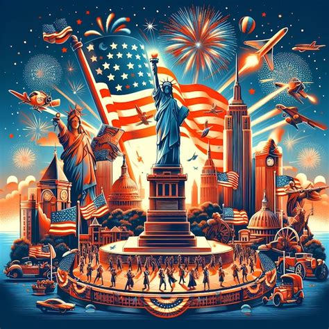 Premium Photo | Statue of Liberty with Decorative American famous landmarks fireworks and stars ...