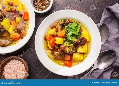 Traditional Eintopf Soup with Meat, Beans and Vegetables in a White Plate Stock Photo - Image of ...