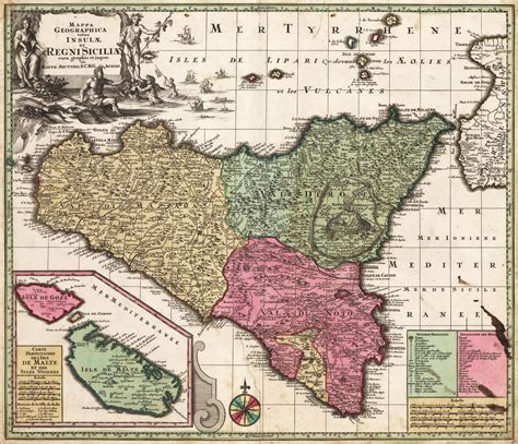 18th Century Map of Sicily: Includes the location of a healing sulfur ...