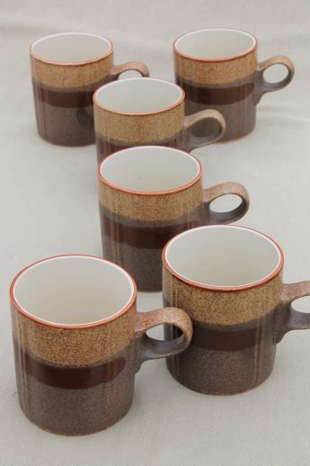 Rustic brown stoneware mugs, 70s 80s vintage Stonecrest Blissfield coffee cups