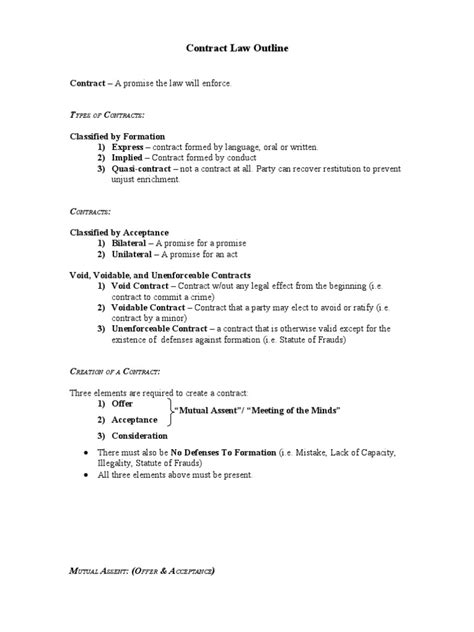 Contract Law Outline | PDF | Offer And Acceptance | Consideration